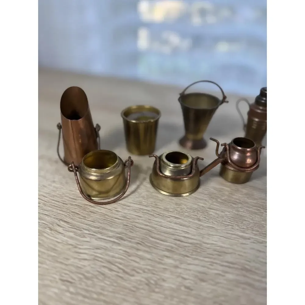 Vintage Japan Miniature Brass Copper Kitchenware Lot, 12pc Dollhouse Decor